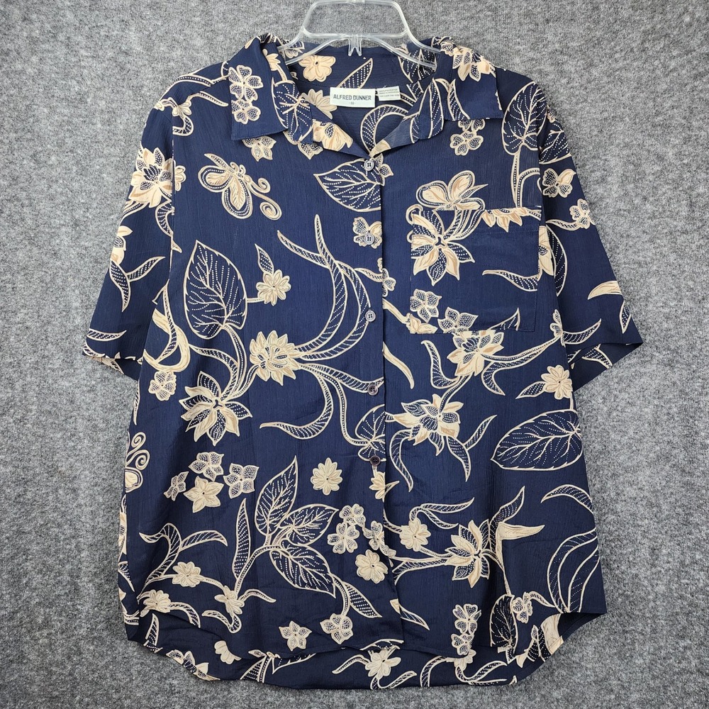 Alfred Dunner Button Down Shirt Womens 18 Navy Blue Floral Short Sleeve Tropical